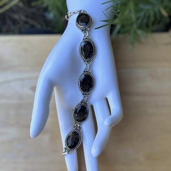VTG Link Bracelet 6.75 Smoky Quartz Oval Shape Gems 925 Sterling Silver 32.9g - Picture 6 of 10